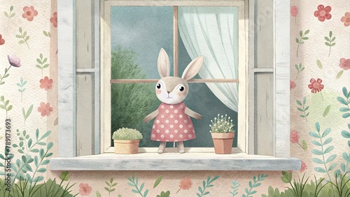 cute little rabbit open a window to street flowers on the window