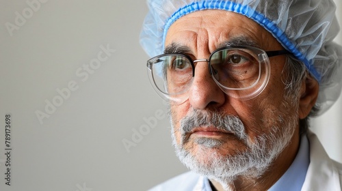 Primo piano di medico con cuffia e occhiali photo