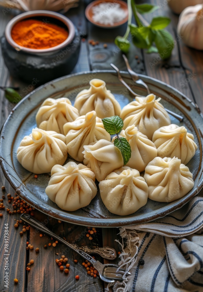 Plate Full of Dumplings on Wooden Table Plate Full of Dumplings on Wooden Table