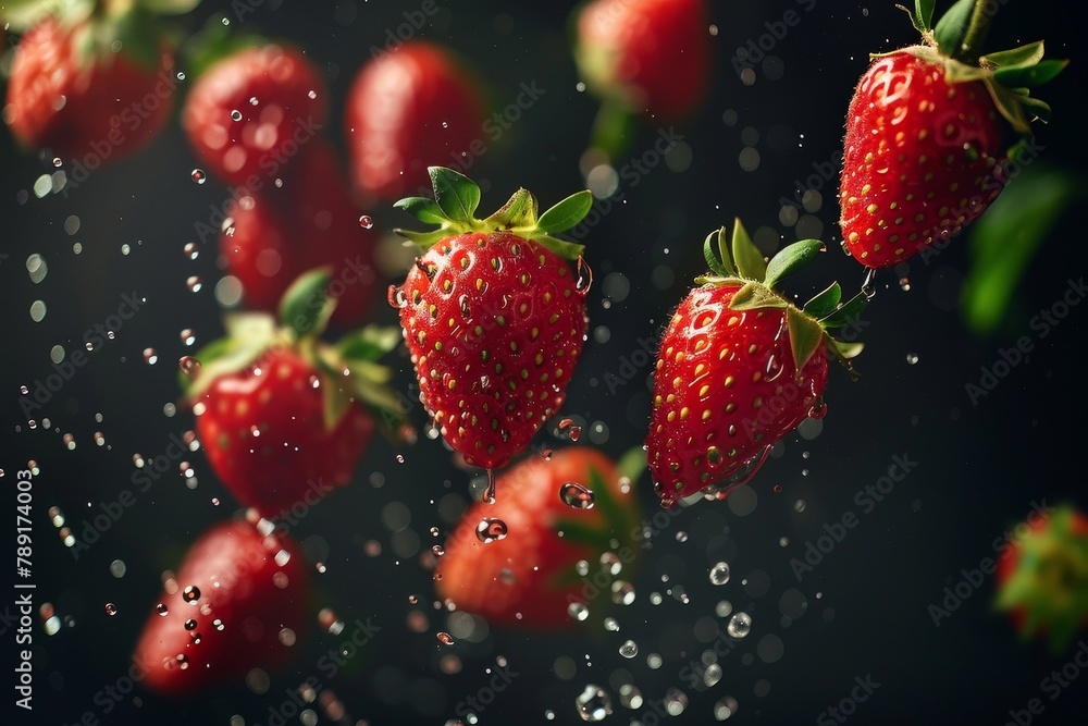 Strawberries falling through the air, creating a dynamic motion