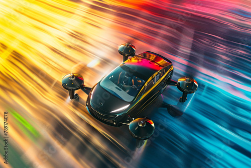 3D EV drone car in flight, rainbow trail, bird's eye view, dynamic colors 