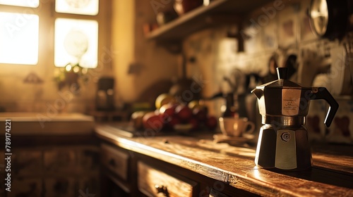 Close-up of a Coffee Maker in a Rustic Kitchen at a Villa photo