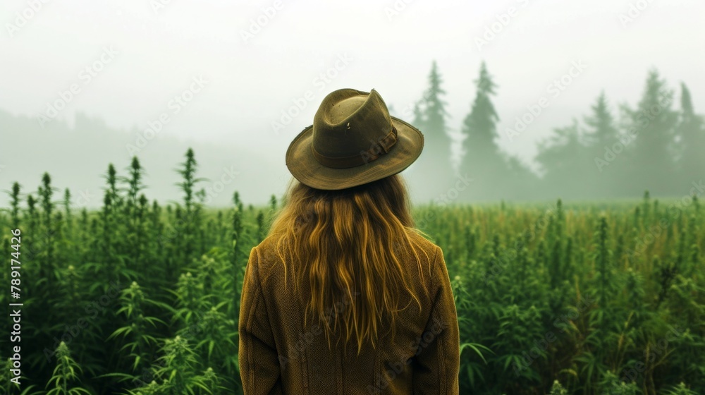 Back view of a female farmer in field with cannabis plant growing in a large outdoor plantation farm.