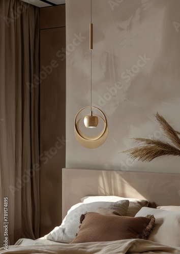 Bedroom With Bed and Hanging Light