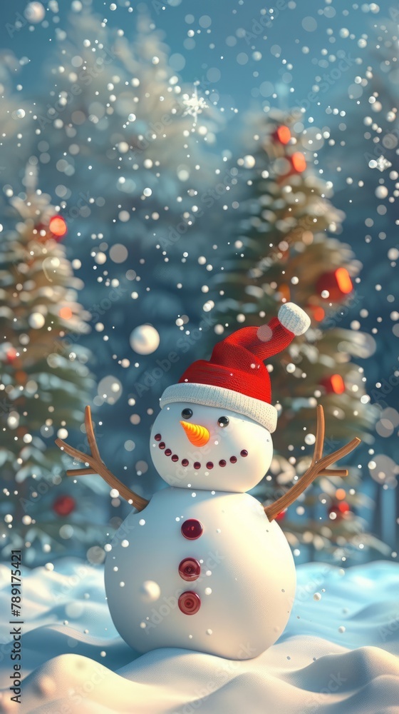 snowman against a background of snow and fir trees. snowman against a background of snow and fir trees.