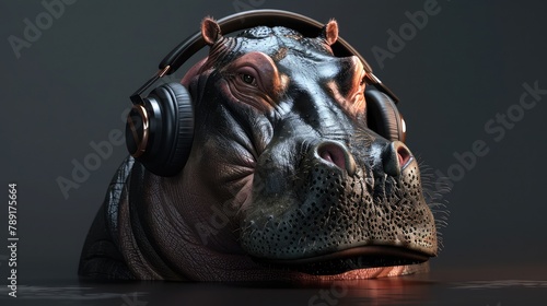Noise-cancelling Hippo headphones. Zoo wild face,Alligator With Headphones On Hippopotamus portrait isolated on black background funny animal