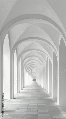 Long Hallway With White Walls and Arches