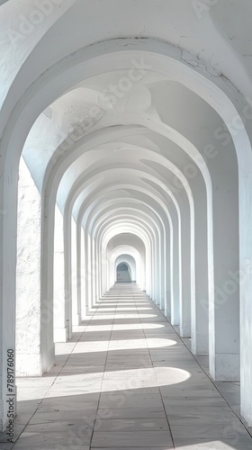 Long Hallway With White Walls and Arches