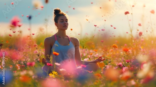 A person doing yoga in spring field with plant flower grass in allergy season photo