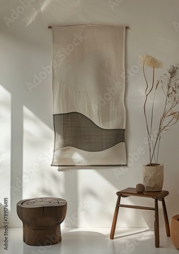 A Room With a Chair, Table, and Wall Hanging