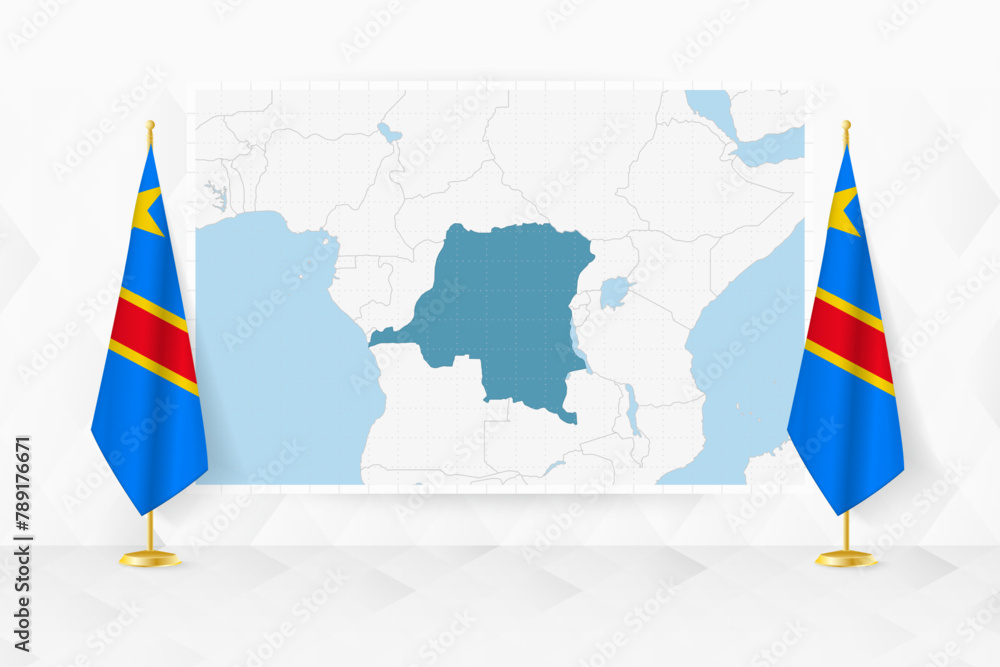 Map of DR Congo and flags of DR Congo on flag stand.