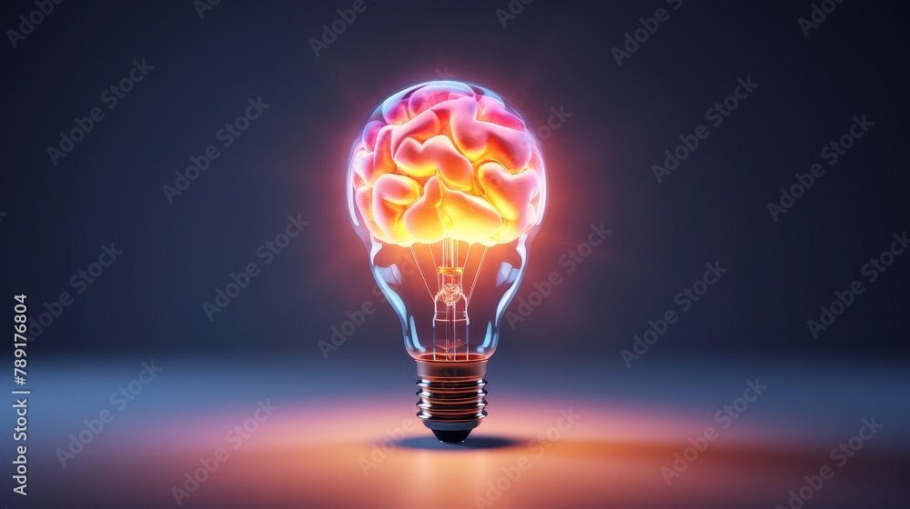 Brain-shaped light bulb glowing with ideas, creativity, and inspiration, an innovative concept illustrated in high-definition 4k - obrazy, fototapety, plakaty 