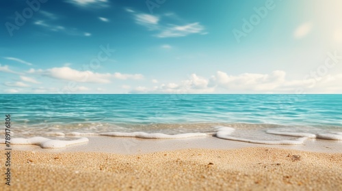 Bask in the summer vibe with a stunning 4k banner of a sandy beach and azure sea under the bright sun, background softly blurred for focus