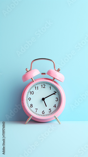 pink clock over pastel blue color background сreated with Generative Ai