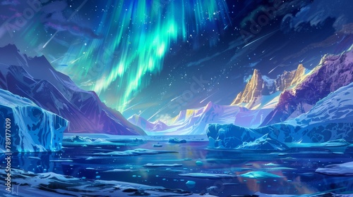 Spectacular northern lights over a polar landscape with icy formations under a starry arctic sky