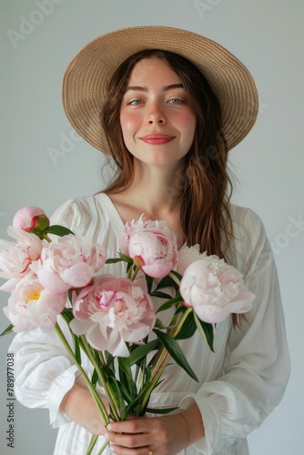Woman in Hat Holding Bouquet of Flowers