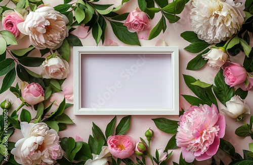 White Frame Surrounded by Pink and White Flowers