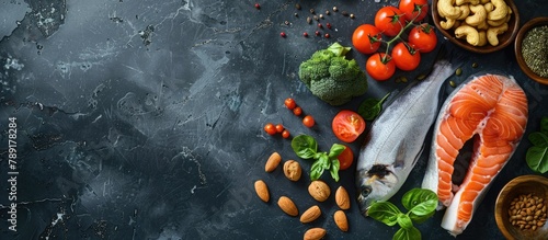 Food sources of omega 3 and healthy fats displayed on a dark background from a top-down perspective, with space for additional content. Included are vegetables, seafood, nuts, and seeds.