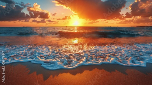 Sun Setting Over Ocean on Beach
