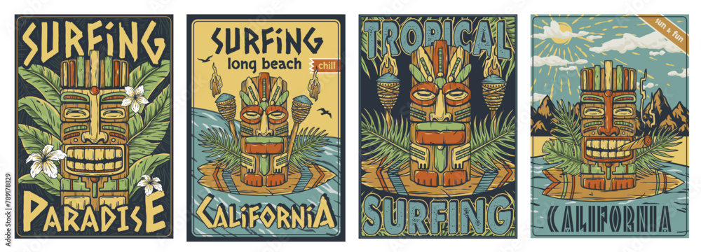 Surfing hawaii poster set, aloha beach summer print with surf board,tropical leaves for surfer. Good vibes surf design. Wooden tiki mask collection. Traditional ethnic idol. Tribal totem for tiki bar