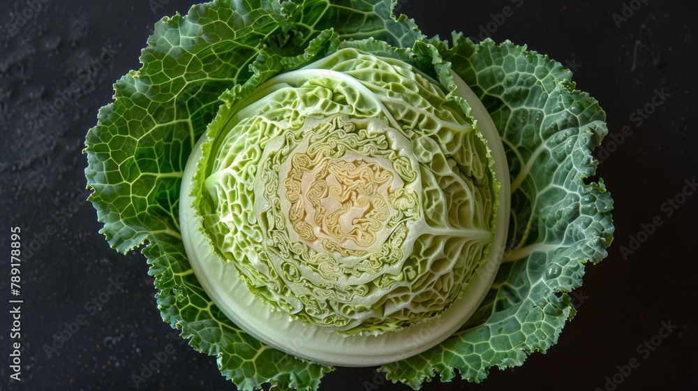 Obraz premium A head of lettuce atop a black table Another head nearby