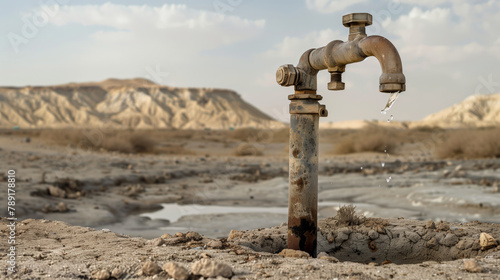 In the desert, water drips from a rusty pipe. The concept of drought and harsh environment.