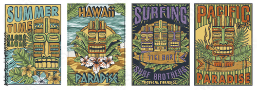 Tiki lounge. Summer surfing bar poster set with tropical leaves. Hawaii wooden tiki mask collection. Traditional ethnic idol of hawaiian, maori or polynesian. Old tribal totem for tiki bar