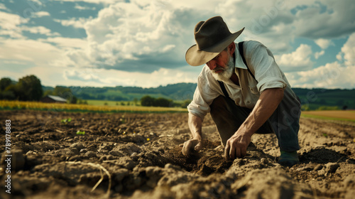 A rural man in a hat sat down in a muddy field. The farmer looks down  studying the soil and inspecting his plantings.