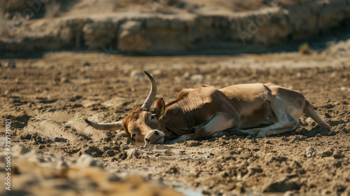 A dead horned cow lies on the dry, lifeless ground. The desert is dry and barren. The concept of a severe drought due to global warming