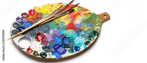 A colorful artist's palette with paintbrushes and paints on a white background, copy space. Created with Ai technology.
