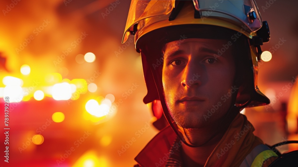 Portrait of a firefighter with fire flames in big city Portrait of a firefighter with fire flames in big city
