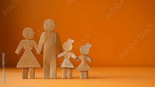 Silhouette of a family of four cardboard figures against a light orange background, Generative AI