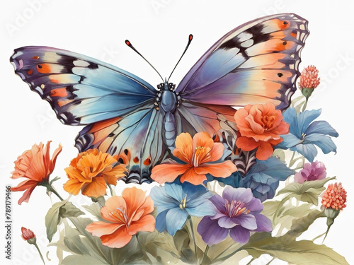 Beautiful colorful butterflies cling to flowers. illustration vector, Isolated white background