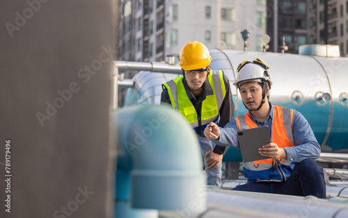 HVAC Engineer Coaching a Technician on Site During an Urban Maintenance Project