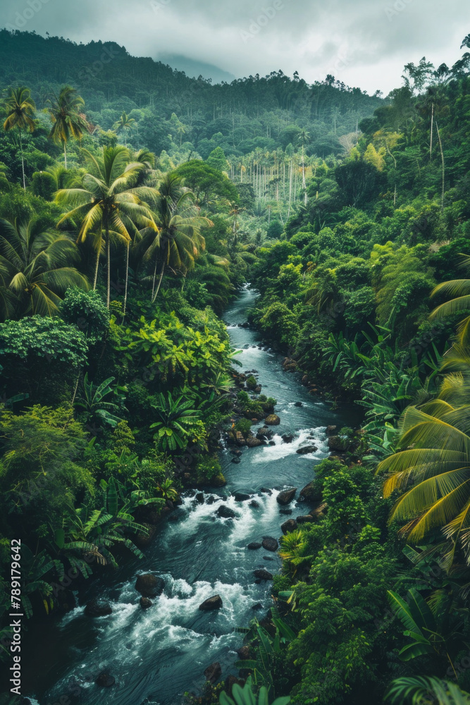 Fototapeta premium Aerial view of a river in a tropical jungle