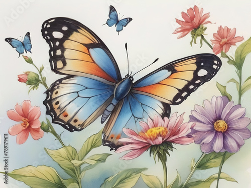 Beautiful colored butterflies cling to flowers. illustration vector, Isolate background © Thachakrit