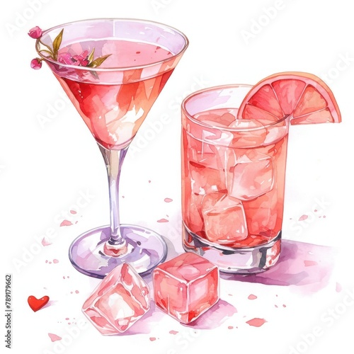 Pink cocktails with ice cubes and a pink flower garnish. photo