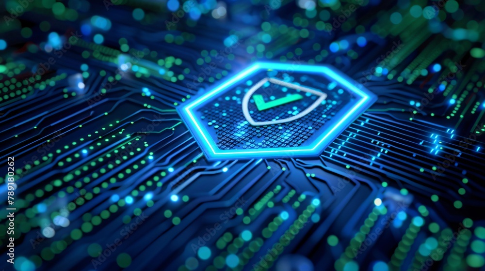 A glowing blue and green circuit board with a green checkmark in the ...