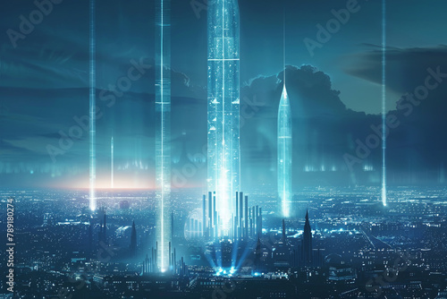 5G towers as futuristic obelisks emitting streams of light connecting the world with unprecedented speed and connectivity