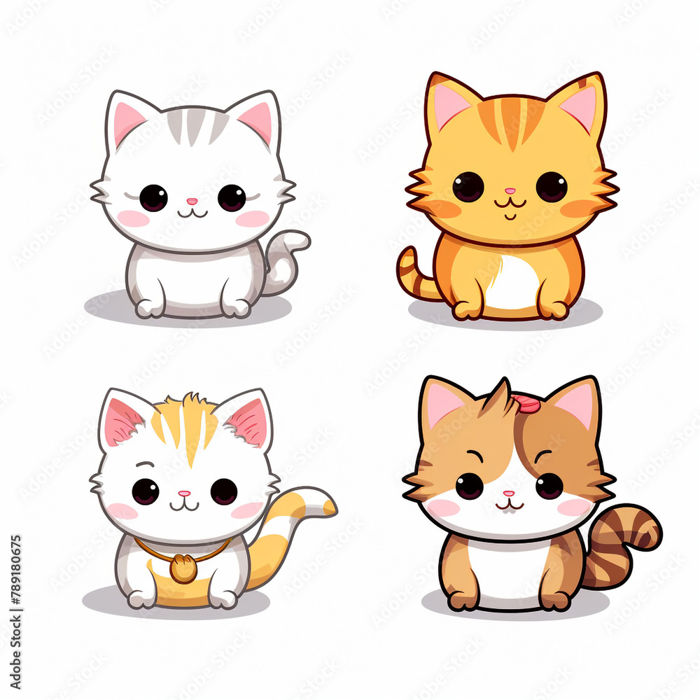 set of 4 kawaii kitten, cat doodles, kitten icons printable clipart on white background сreated with Generative Ai set of 4 kawaii kitten, cat doodles, kitten icons printable clipart on white background сreated with Generative Ai