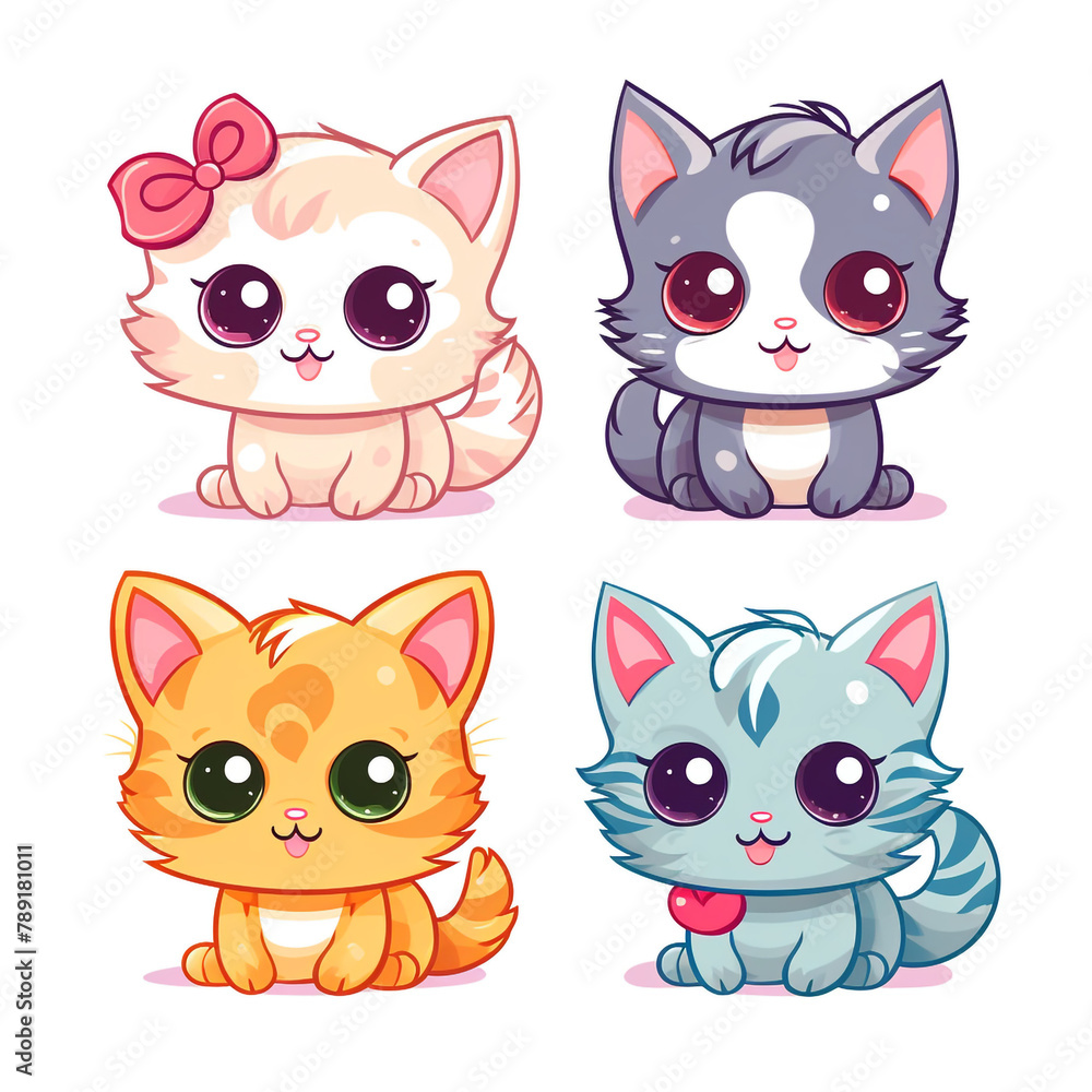 set of 4 kawaii kitten, cat doodles, kitten icons printable clipart on white background сreated with Generative Ai