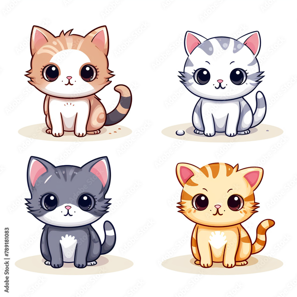 set of 4 kawaii kitten, cat doodles, kitten icons printable clipart on white background сreated with Generative Ai set of 4 kawaii kitten, cat doodles, kitten icons printable clipart on white background сreated with Generative Ai
