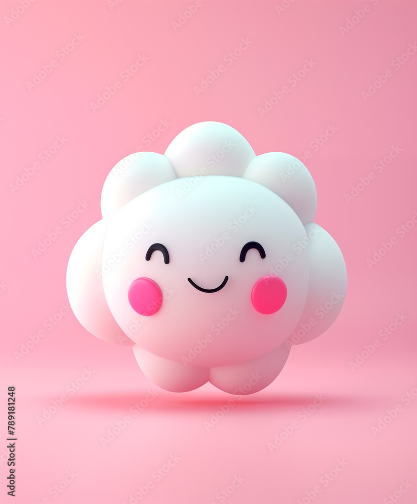 Cute smiling cloud on pink background, 3d render. Minimal style.