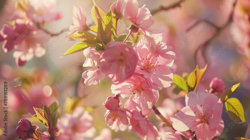 sakura blossom on a sunny day. closeup garden background in spring