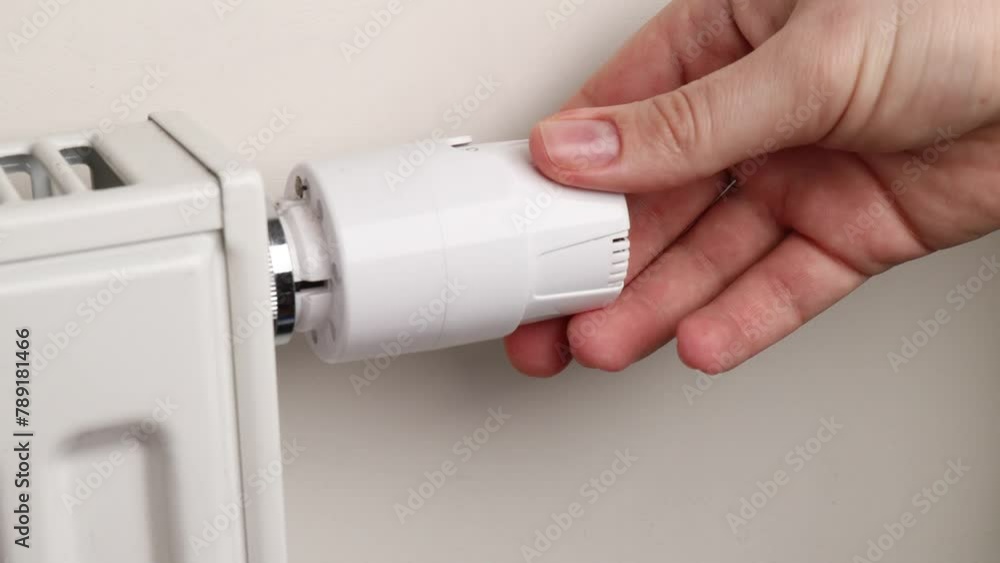 Adjusting heat amid rising heating costs, a woman's hand twists the thermostat to set the temperature Adjusting heat amid rising heating costs, a woman's hand twists the thermostat to set the temperature