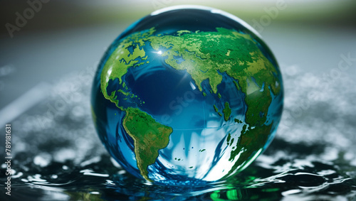 A glass ball with a map of the world on it sits on a reflective surface.