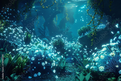 A 3D underwater abyss filled with otherworldly luminescent creatures and glowing plant life