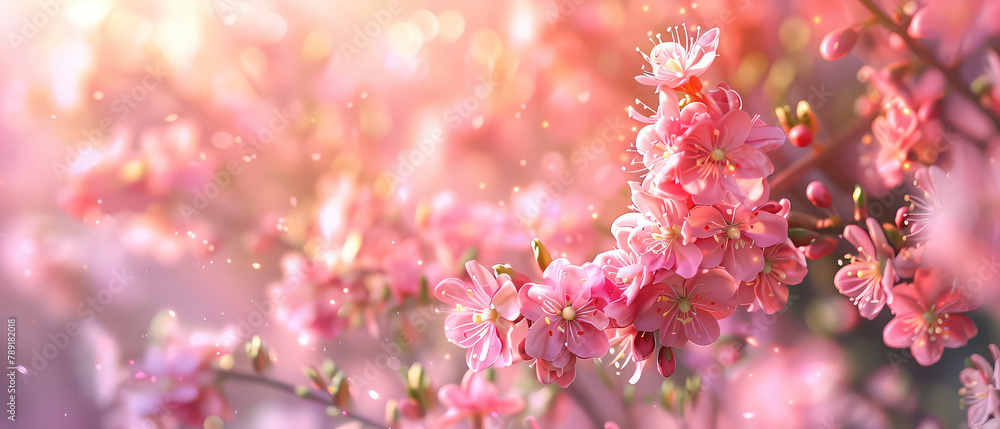 Obraz premium Pink cherry blossoms under a sunlit sky