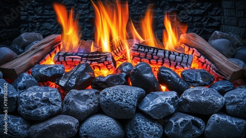 Fire Burning Inside Stone Fireplace