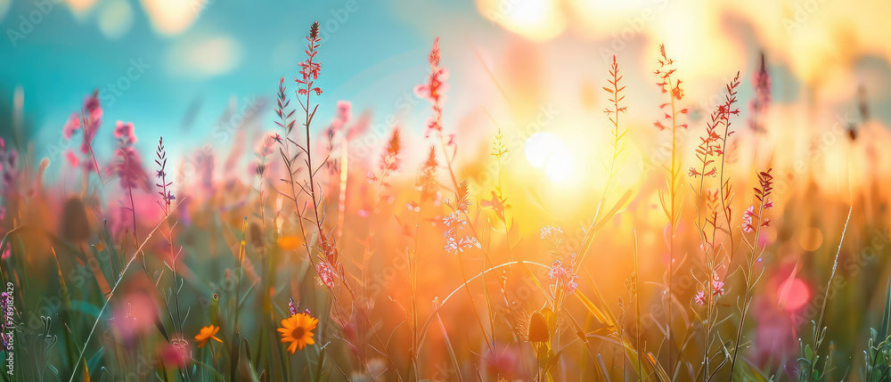 Colorful Wildflowers Enhancing a Sunset Scene Colorful Wildflowers Enhancing a Sunset Scene